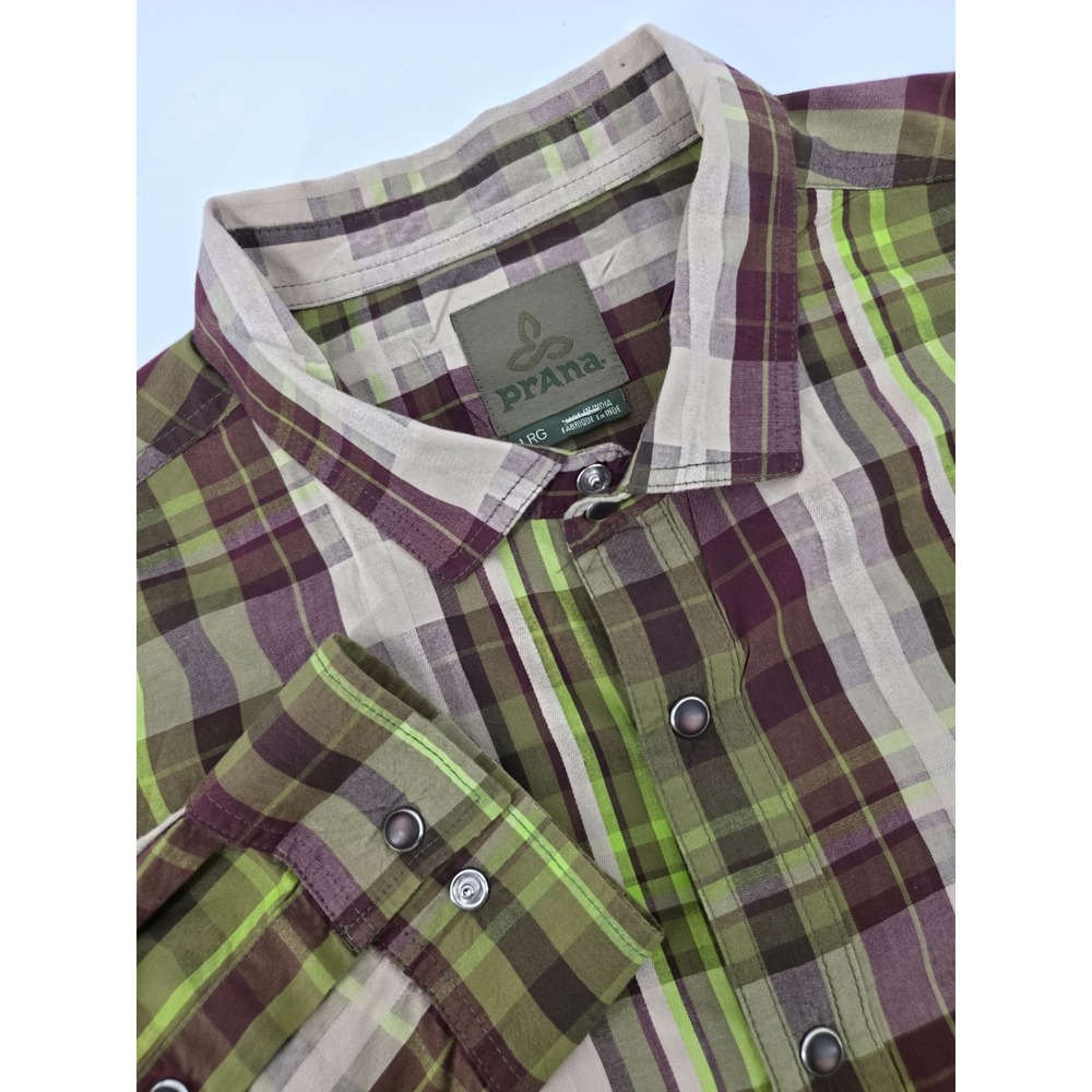 Prana Mens Long Sleeve Plaid Snap Button Down Shirt Green Purple Large